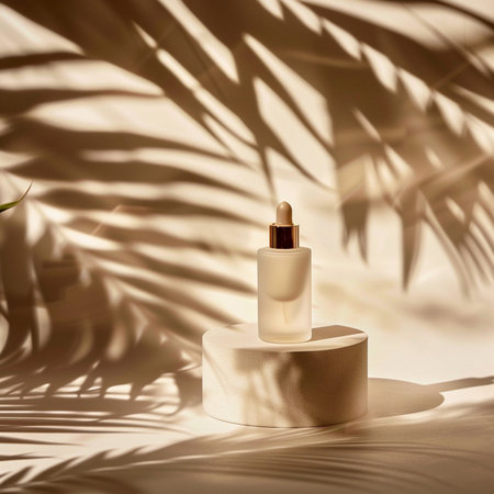 Skin care serum in a glass bottle on a white podium with palm leaves shadows. Natural cosmetics for skin care.の素材