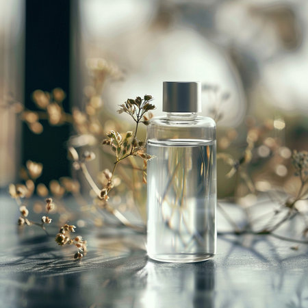 Perfume bottle on a table with dried flowers on a backgroundの素材