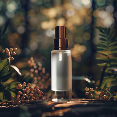 Cosmetic bottle with dropper on wooden table in the forest.の素材