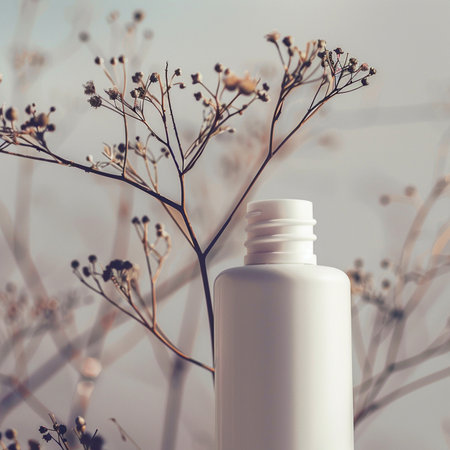 Cosmetic bottle with dry flowers on blurred background, beauty and spa conceptの素材
