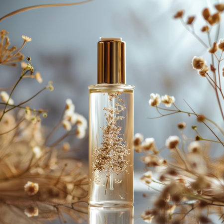 Perfume bottle with dry flowers on blurred background, closeupの素材
