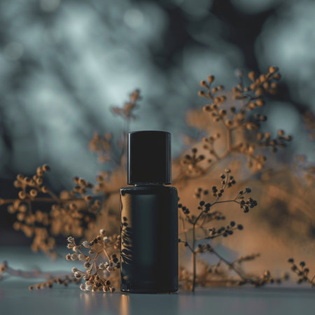 Mockup bottle of black nail polish on dark background with dried flowers.の素材