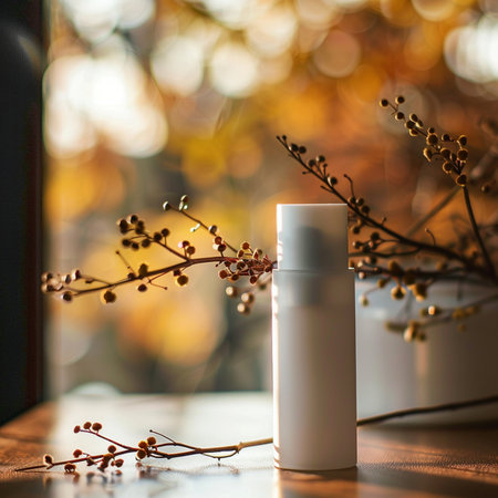Cosmetic bottle on the table with autumn leaves. Beauty and spa concept.の素材