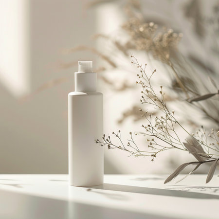Cosmetic bottle mockup on a white table with dried flowers. 3d renderingの素材