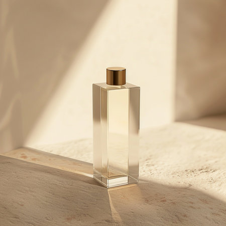 Glass bottle of perfume on a light background. 3d rendering.の素材