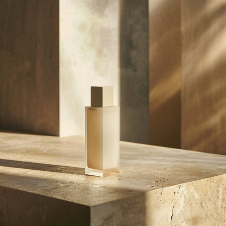 3d render of a perfume bottle on a marble surface with a shadow.の素材