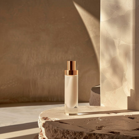 Cosmetic bottle table. Skin care and beauty product conceptの素材