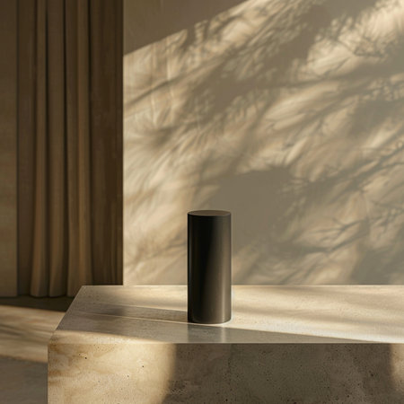 3d render of black product display podium with shadow overlay on the wallの素材