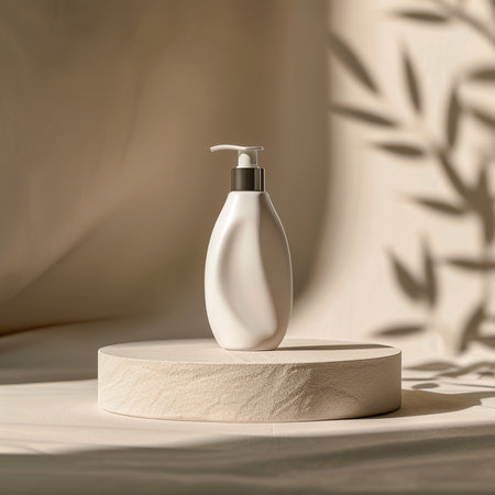 White cosmetic bottle on a white podium on a background of a beige wall. 3d renderingの素材