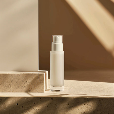 White cosmetic bottle mockup on wooden podium. 3d rendering.の素材