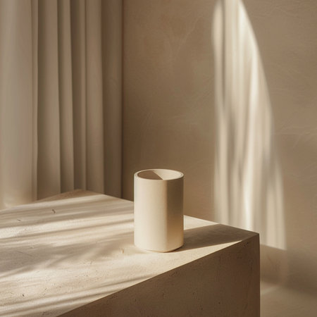 Minimalistic interior design. Mockup of a beige concrete product stand with shadows from the window.の素材