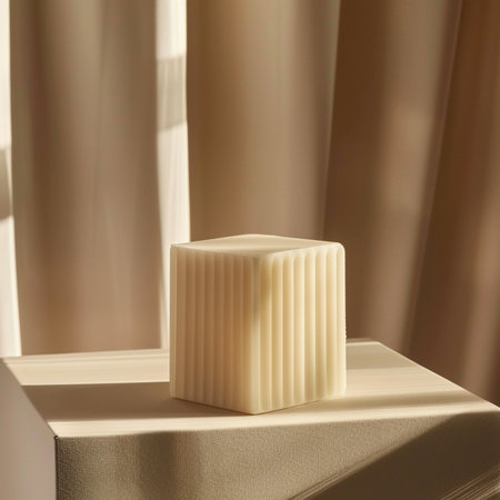 White square pedestal on the background of curtains. 3D renderingの素材