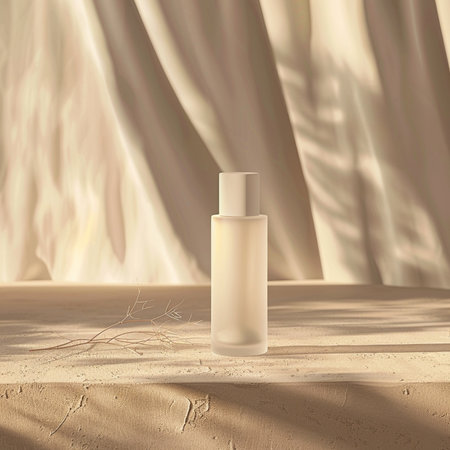 White cosmetic bottle mockup on wood table. 3d render.の素材