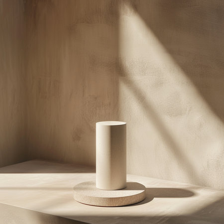 3d render of beige podium for product presentation with shadow on the wallの素材