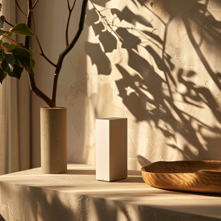 Minimalist still life with a white vertical box on a table, a wooden stand and a green plant in the backgroundの素材