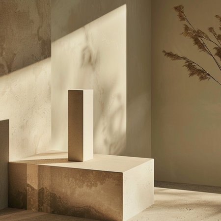 Minimalistic beige interior with a concrete floor and a podium. 3d rendering mock upの素材