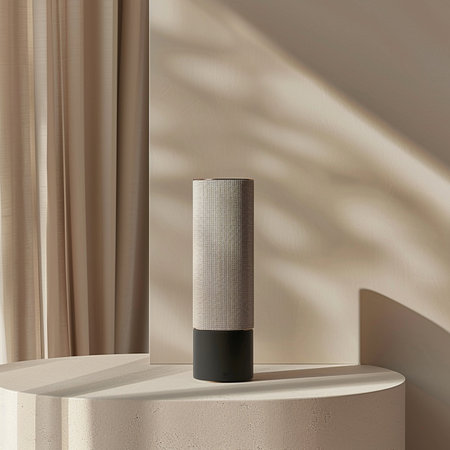 3d rendering of a beige podium with a black stand in the roomの素材
