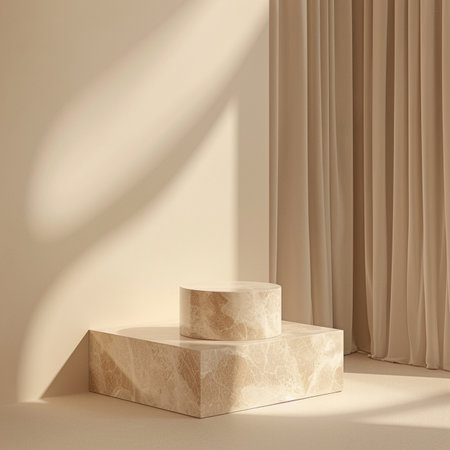 3d render of beige podium with shadow on the wall.の素材