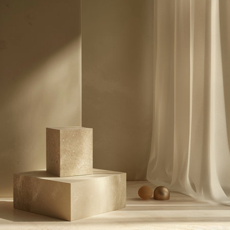 3d rendering of beige podium for product display. Abstract minimal design.の素材