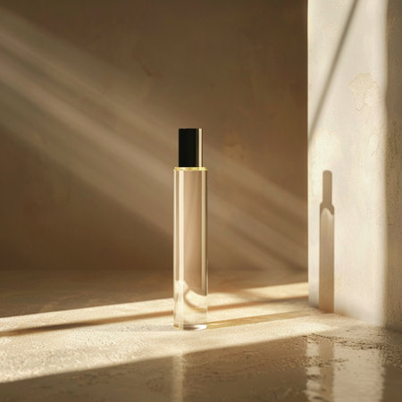 Perfume bottle on the floor in sunlight. 3d renderingの素材