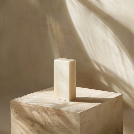 Minimalistic composition of three white podiums on beige backgroundの素材