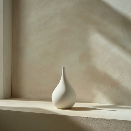White vase on a shelf in a room with a beige wallの素材