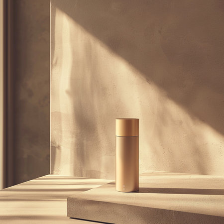 3d render of beige cosmetic bottle with shadow on the wallの素材