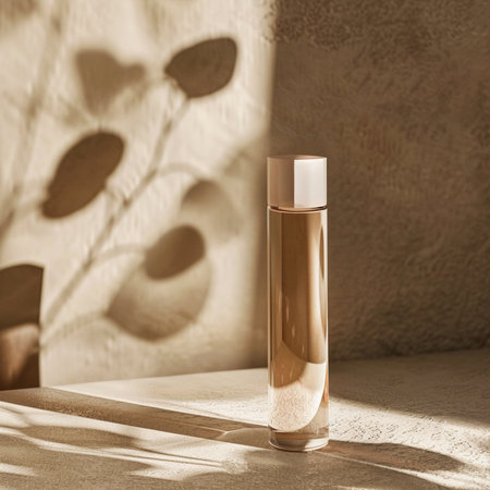 Cosmetic bottle with brown label on the table. Sunlight and shadows.の素材