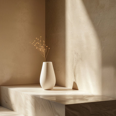 3d render of beige vase with gypsophila flowers. Minimalist interior design.の素材