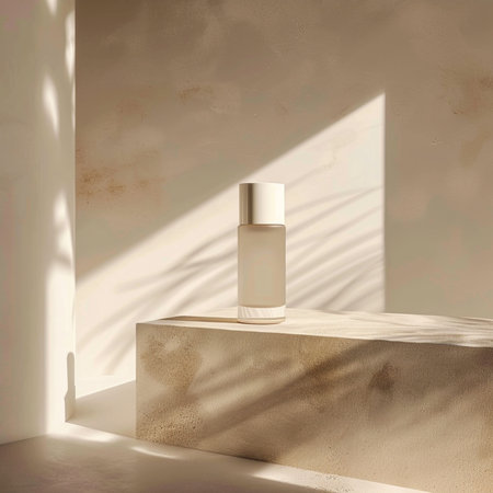 3d render of cosmetic product display podium with sunlight and shadow on the wallの素材