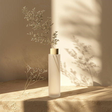 3d render of cosmetic bottle mockup with dried flowers on sand backgroundの素材