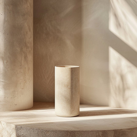3d render, beige marble pedestal with shadows on the wallの素材