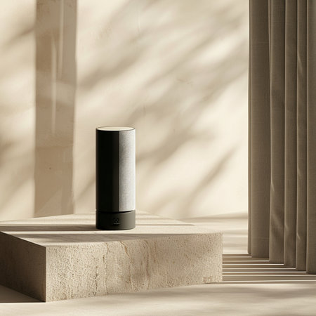 3d render of a podium with a black speaker on a beige backgroundの素材