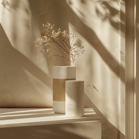 Minimalist interior design. Composition of two white vases with gypsophila flowers on the windowsill.の素材