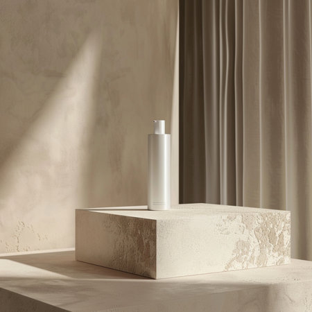 3d render of cosmetic product display podium with sunlight from the windowの素材