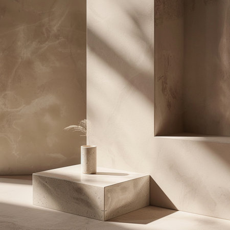 Minimalistic concrete product display podium with shadows. 3d renderingの素材
