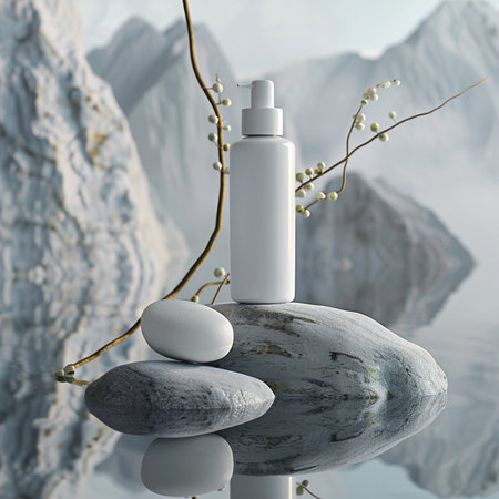 Mockup of cosmetic bottle with pipette on stones and water backgroundの素材