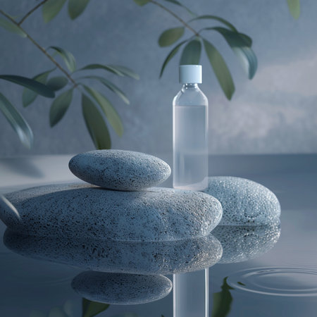 Spa still life with water drops and stones. 3d renderの素材
