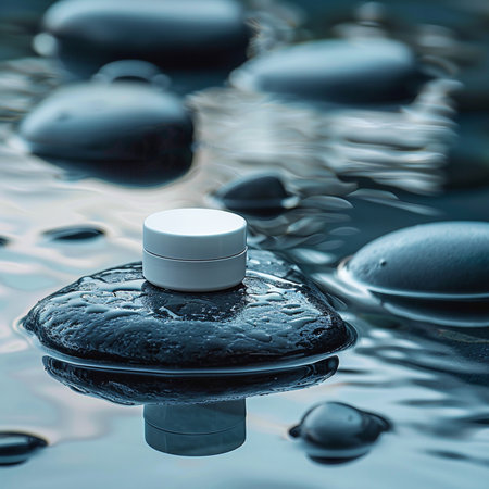 Cosmetic cream on a black stone background with water drops. Spa concept.の素材