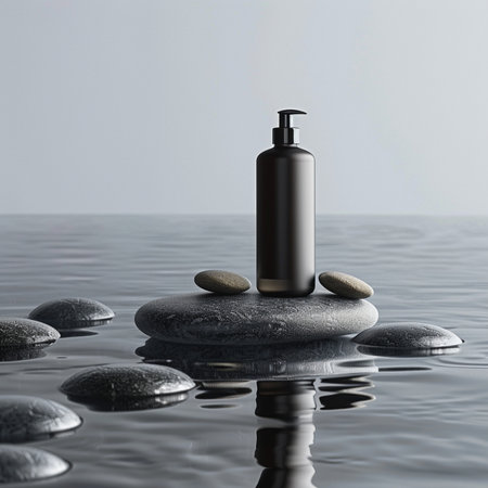 3d render of black cosmetic bottle on zen stones in waterの素材