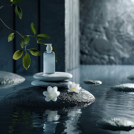 Spa still life with white jasmine flowers, zen stones and glass bottle on water.の素材