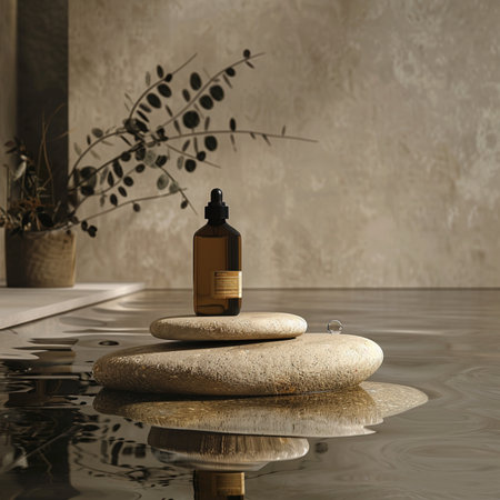 Luxury spa product on the wooden table. 3d renderingの素材