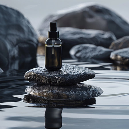 Aromatherapy oil in a glass bottle on black stones in waterの素材