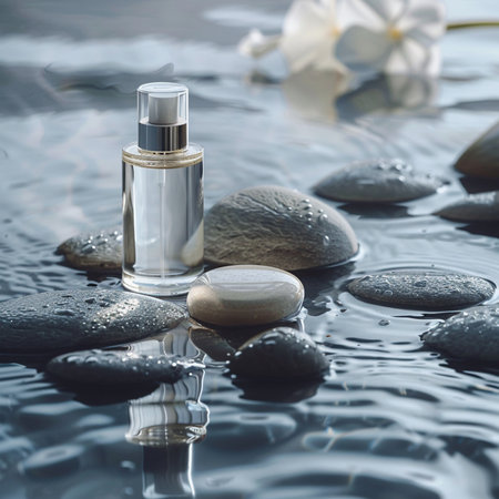 perfume bottle with spa stones and flower on the water backgroundの素材