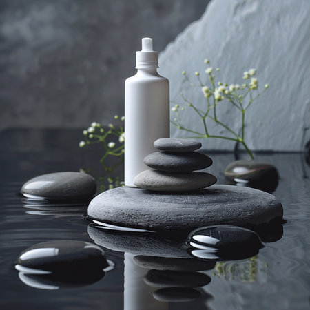 Spa still life with zen stones and cream bottle on dark backgroundの素材