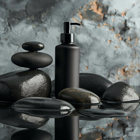 Beautiful spa composition with black stones and shampoo bottle on gray backgroundの素材