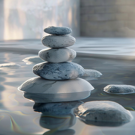 Stack of zen stones on water surface. Zen and meditation conceptの素材