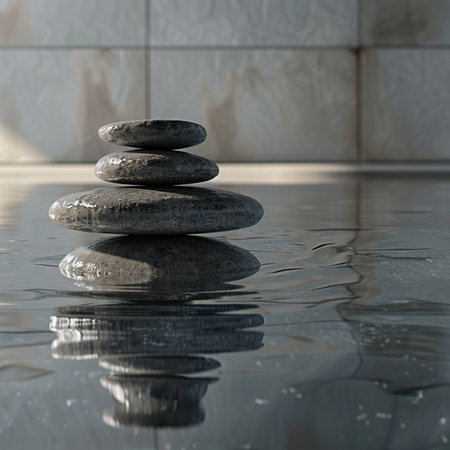 Stack of zen stones with reflection in water. Zen concept.の素材