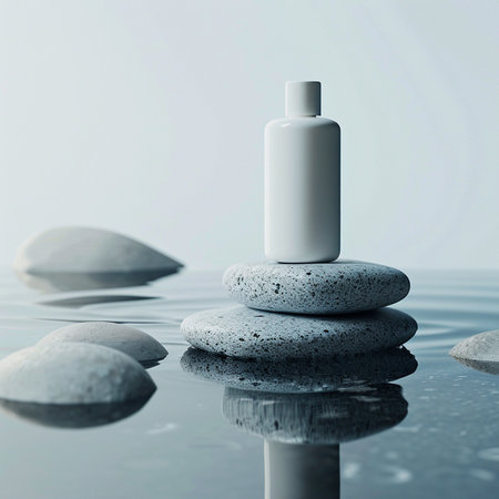 cosmetic cream bottle on a zen stone in water. 3d renderの素材