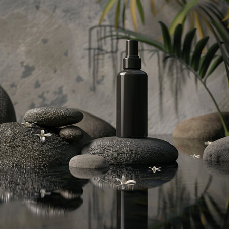 Black cosmetic bottle on black stones with palm leaf. 3d renderの素材